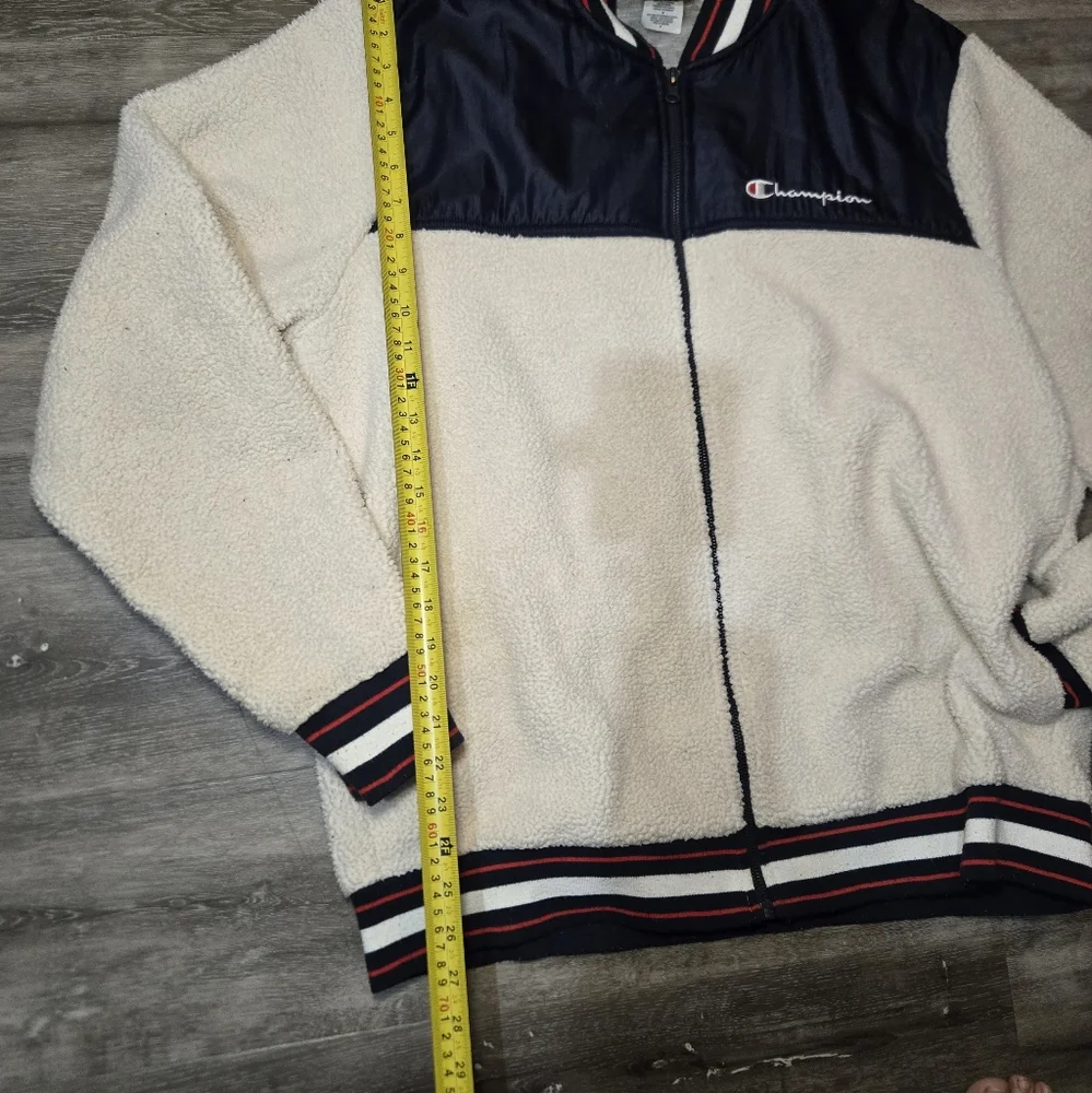 Champion Fleece Sherpa Bomber Embroidered Jacket White And Navy Size xl